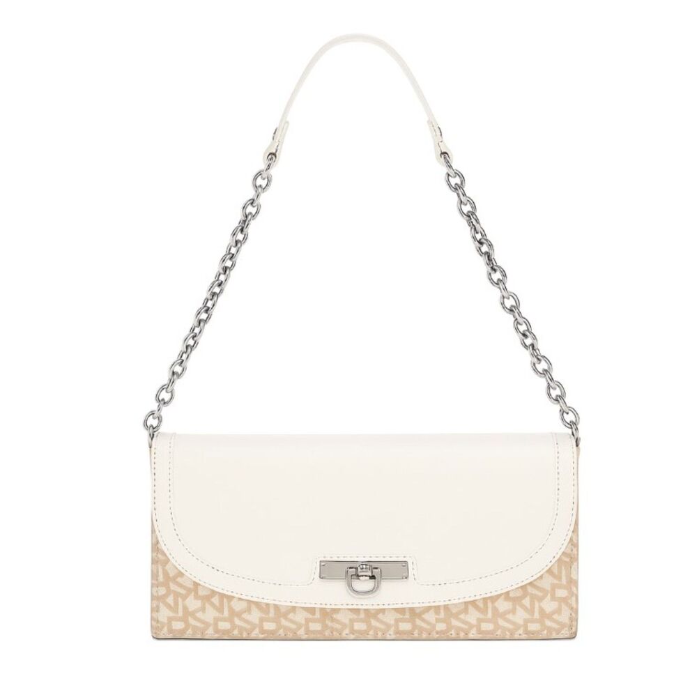 DKNY Donna Karan Shoulder Bag Purse White Leather Ivory Canvas Signature